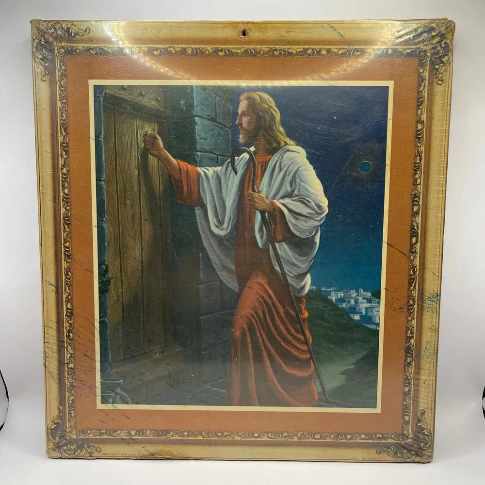 Jesus Knocking at the Door Cork Wall Plaque 12x10 Gold VTG Religious Art SEALED